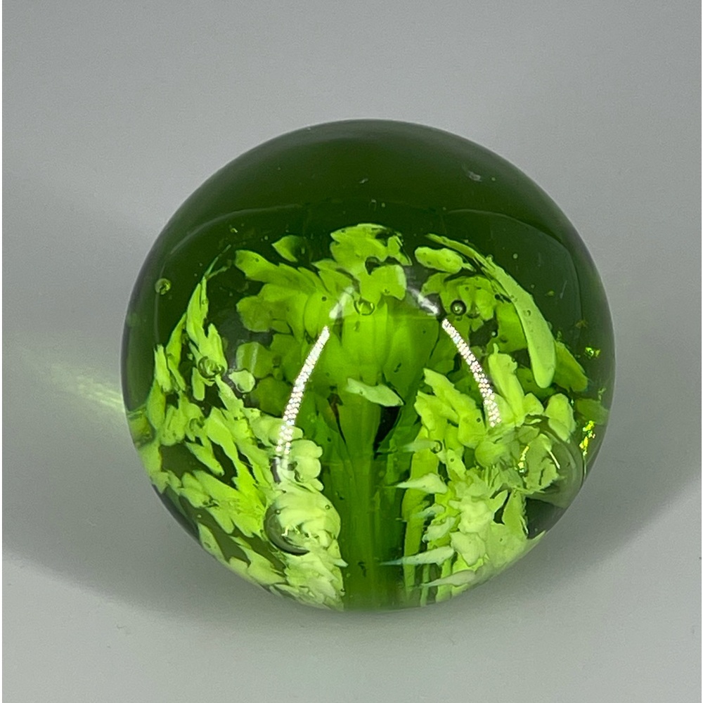 Green Blown Art Glass Paperweight with White Coral Looking Accents